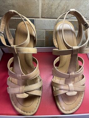 Born Beige Strappy T‑Bar Heeled Sandals
